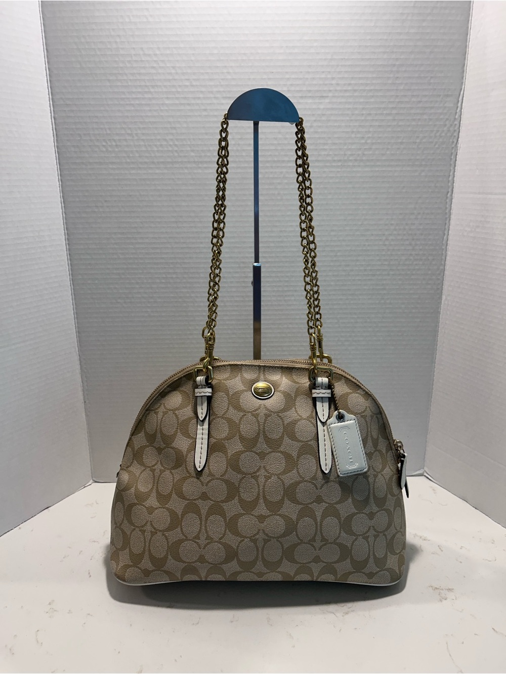 Coach Beige Khaki Signature Dome Satchel with White Trim and Gold Chain